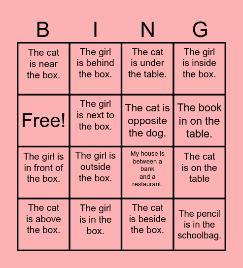 Preposition of place Bingo Card