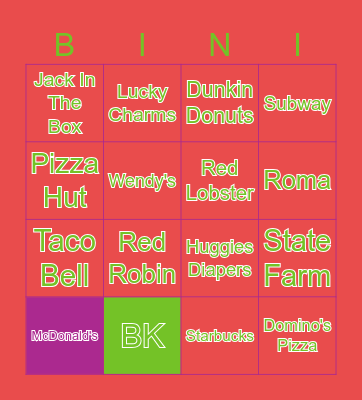 Restaurants Bingo Card