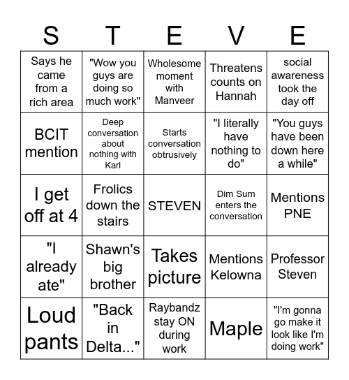 Steven Bingo Card