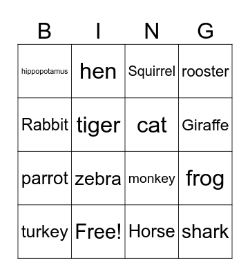 Animals Bingo Card