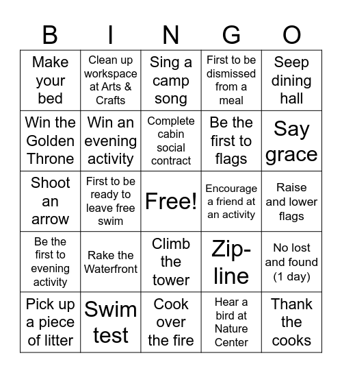 Camp Bingo! Bingo Card