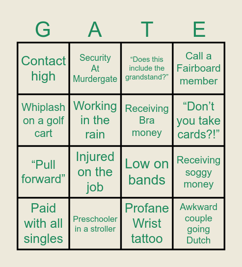 Gate Worker Bingo Card