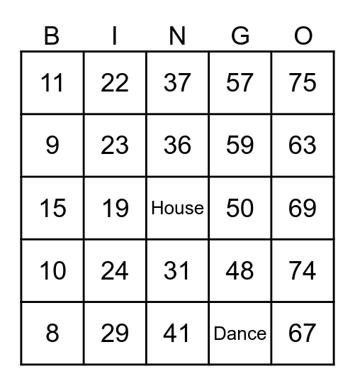 Covington House Bingto Bingo Card