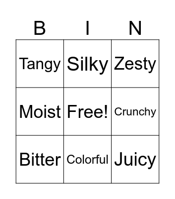 Food Adjectives Bingo Card