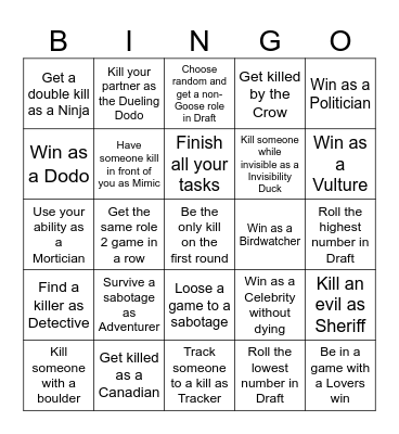 Goose Goose Duck Bingo Card