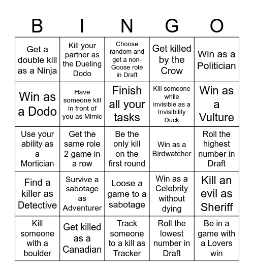 Goose Goose Duck Bingo Card