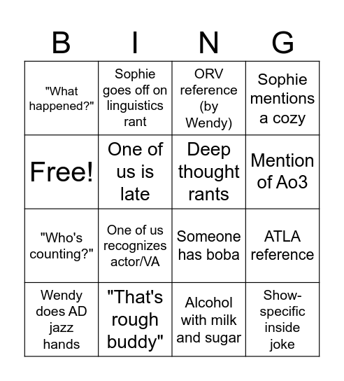 Sophie and Wendy Conversations Bingo Card Bingo Card