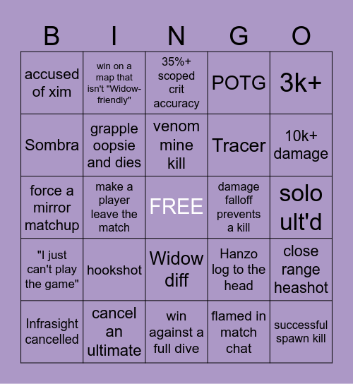 Widowmaker BINGO (for Mallow) Bingo Card