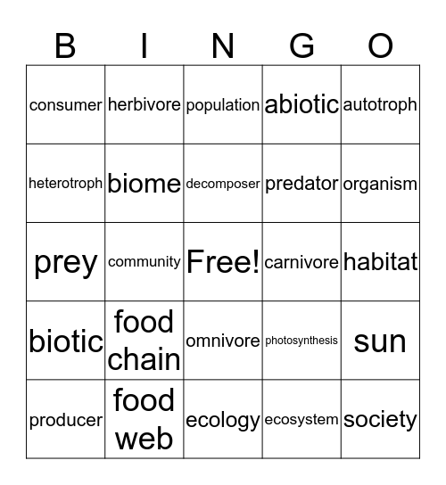 Food Chains and Webs Bingo Card