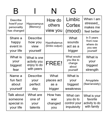 PTSD Bingo Card
