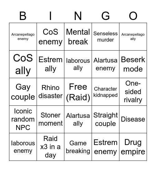 Rimworld Bingo Card