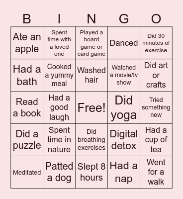 Self Care Bingo Card