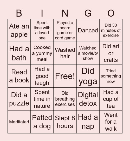 Self Care Bingo Card