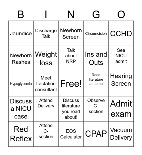 CPMC Nursery Rotation Bingo Card