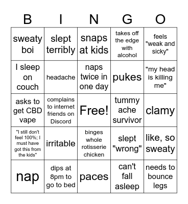 Justin's Week of Weed Withdrawal Bingo Card