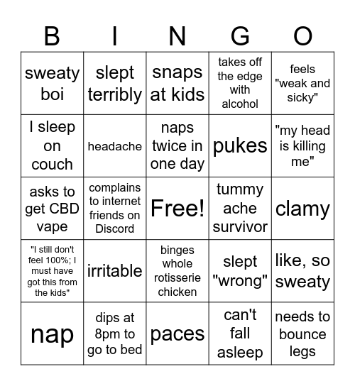 Justin's Week of Weed Withdrawal Bingo Card