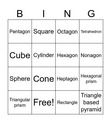 2D & 3D Shapes Bingo Card