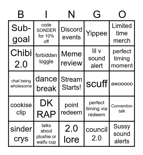 Sinder Debut Stream Bingo Card