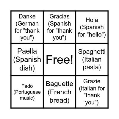 European Day of Languages Bingo Card