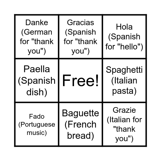 European Day of Languages Bingo Card