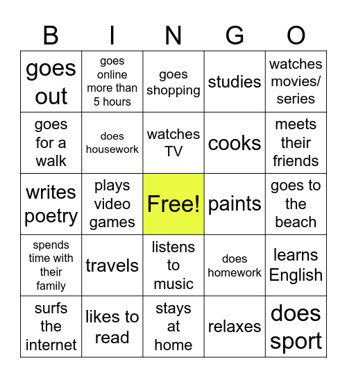 Find Someone Who... in their free time Bingo Card