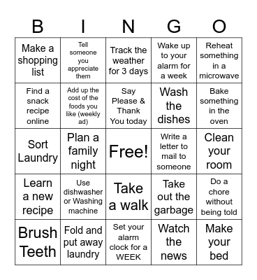 Life Skills Bingo Card