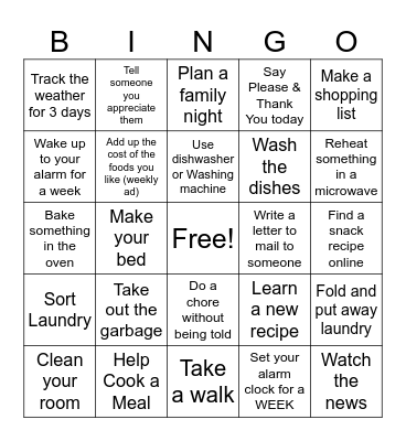 Life Skills Bingo Card