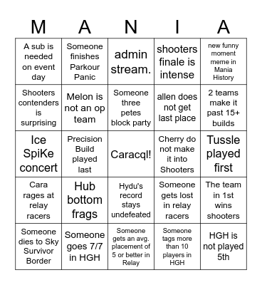 MINECRAFT MANIA BINGO Card