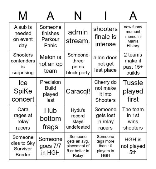 MINECRAFT MANIA BINGO Card