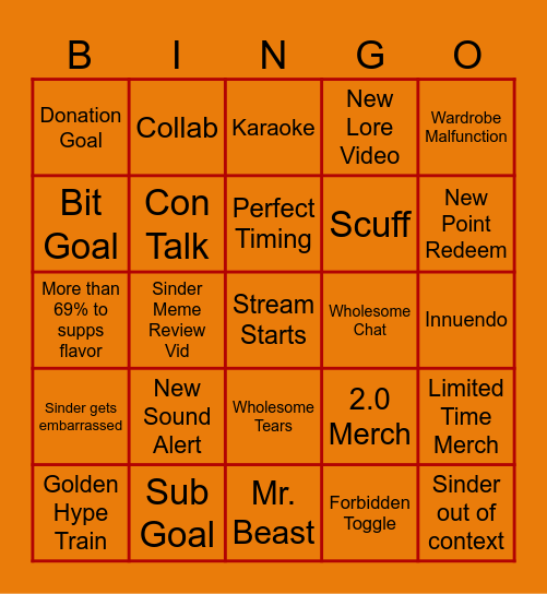 2.0 Stream Bingo Card