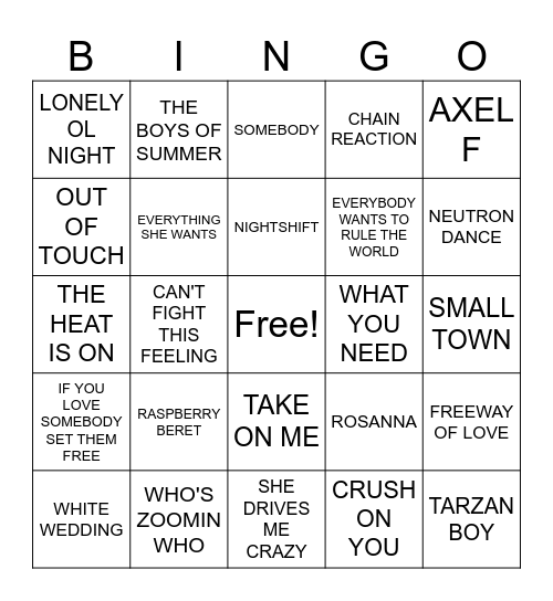 BEEFS 2- 80'S Bingo Card