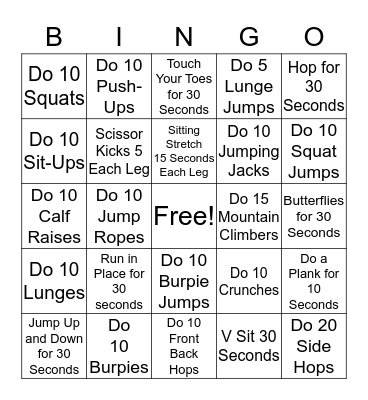 Fitness Bingo Card
