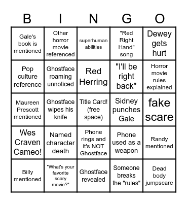 Scream Bingo Card