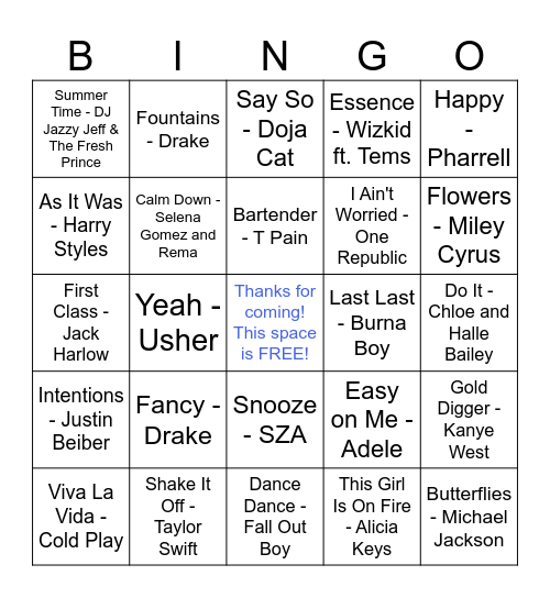 Music Bingo Card