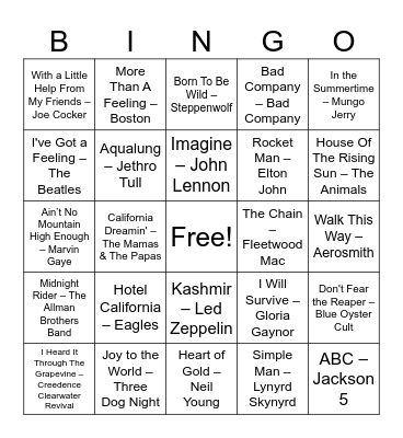 List A Bingo Card