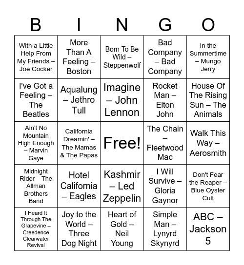 List A Bingo Card