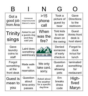 Grand Lake Front Desk Bingo Card