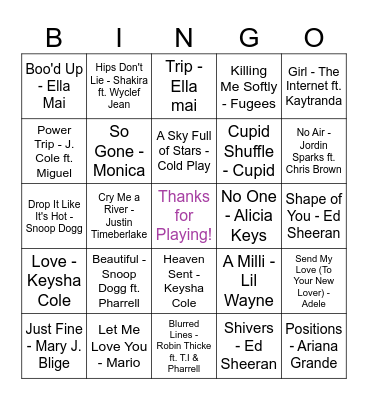 Musical Bingo Card
