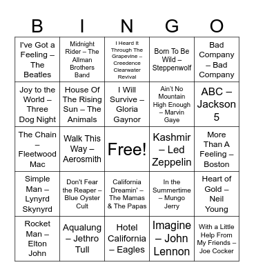 List A Bingo Card