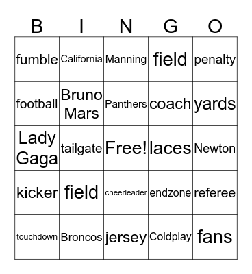 Super Bowl 50 Bingo Card