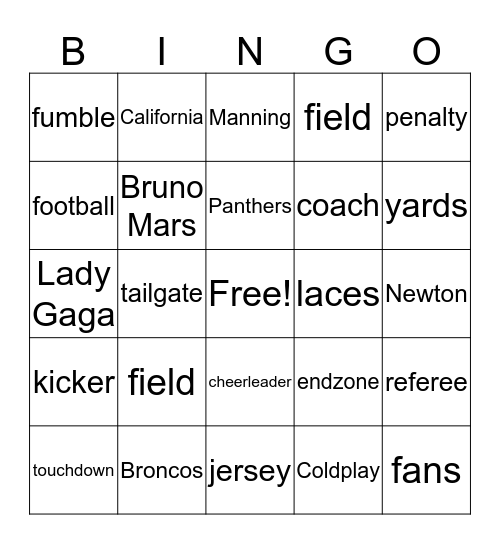Super Bowl 50 Bingo Card