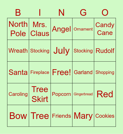 Christmas in July Bingo Card