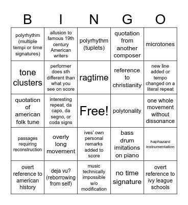 Charles Ives Bingo Card