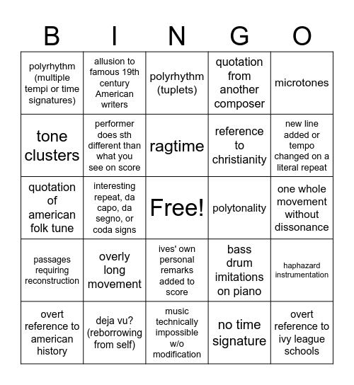 Charles Ives Bingo Card