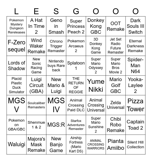 Nintendo Direct Bingo Card