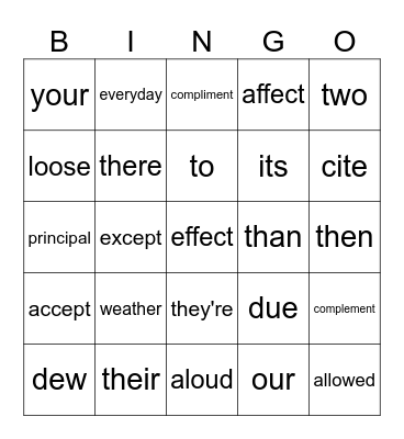 Homophones Bingo Card