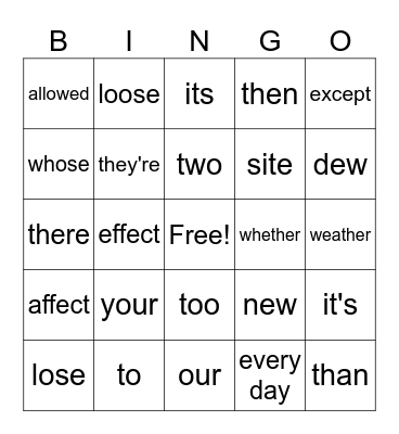 Homophones Bingo Card
