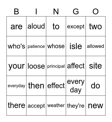 Homophones Bingo Card