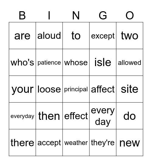 Homophones Bingo Card