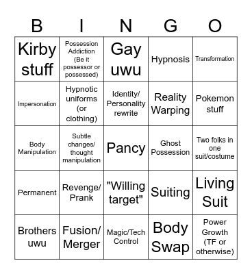 Possession/Hypnosis Kinks Bingo Card